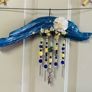 Blue Driftwood Wall Hanging with Beads and Flowers